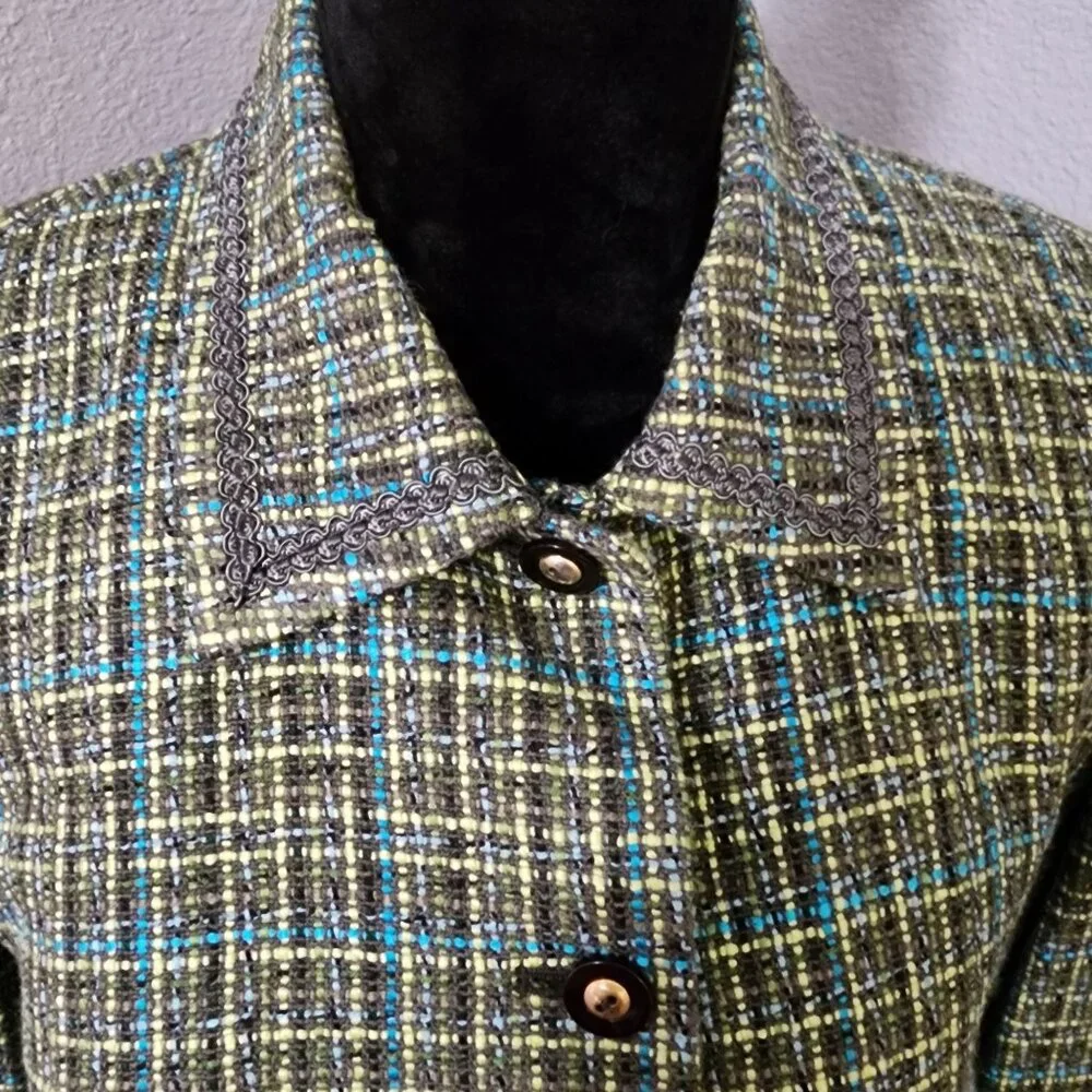 JM‎ Collection Womens Tweed Button-Up Blazer Size 12 Green Blue Pockets Lined